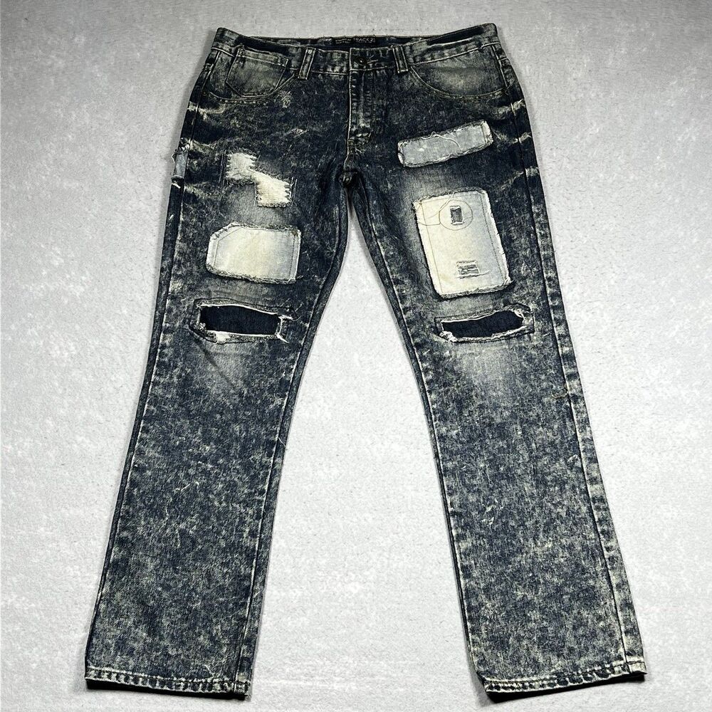 Track 23 Straight Fit Distressed Jeans Mens 36 Blue Cotton Blend Stretch Denim